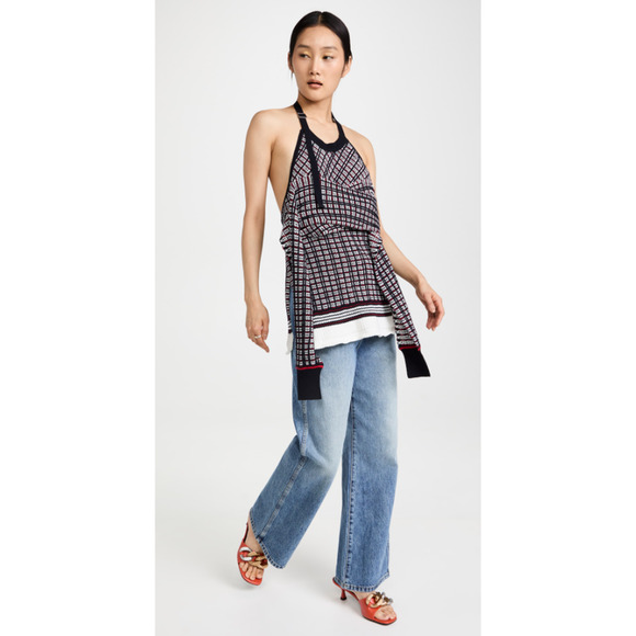 3.1 Phillip Lim Knit Halter Top S Midnight Blue & Red Wool Cotton Jacquard - Picture 3 of 6